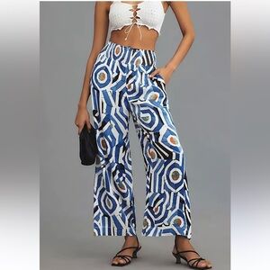 Anthropologie Maeve Abstract Blue and White Wide-Leg Pants